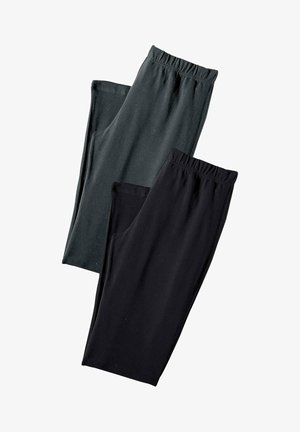 Dos pares de leggins: uno verde oscuro y otro negro. Ambos tienen una cintura elástica y una tela suave y elástica.