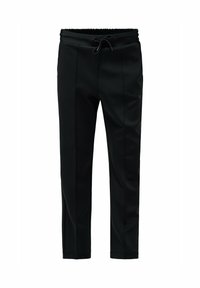 Pantalones deportivos negros con cinturilla elástica y cordón. Hechos de una tela suave, con bolsillos laterales y un diseño ajustado.