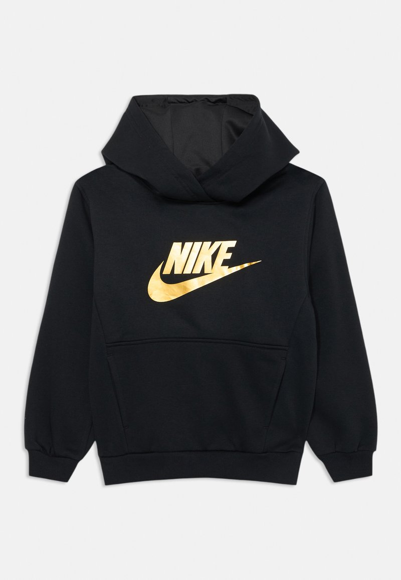 Hoodie preto em algodão, com um grande logótipo dourado da Nike na parte da frente, bolso canguru e punhos e barra canelados.