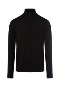 Schwarzer Zip-Hals-Pullover aus weichem Strickstoff. Mit langen Ärmeln, hohem Kragen und tailliertem Bund. Minimalistisches Design.