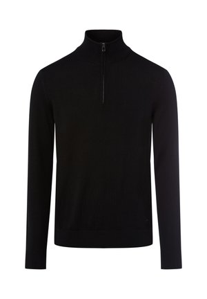Schwarzer Zip-Hals-Pullover aus weichem Strickstoff. Mit langen Ärmeln, hohem Kragen und tailliertem Bund. Minimalistisches Design.