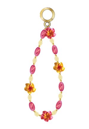 Goldener Schlüsselanhänger mit pinkfarbenen ovalen Perlen, goldenen sechseckigen Perlen und roten sowie gelben Plumeria-Blumenanhängern, die in einer Schlaufe angeordnet sind.