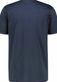 Marineblaue Rundhals-T-Shirt aus weichem Baumwollmaterial. Mit kurzen Ärmeln, geradem Schnitt und glatter Textur mit minimalen Nähten.