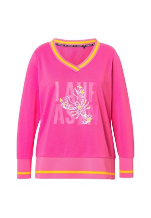 Różowy sweter z dekoltem w serek, wyrazistą grafiką homara oraz napisem „LAURASAN”. Zawiera żółte akcenty przy dekolcie i mankietach. Miękka tekstura materiału.