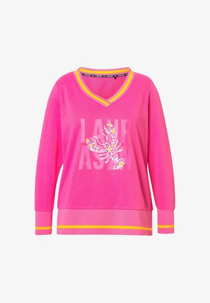 Różowy sweter z dekoltem w serek, wyrazistą grafiką homara oraz napisem „LAURASAN”. Zawiera żółte akcenty przy dekolcie i mankietach. Miękka tekstura materiału.