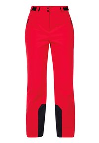 Pantalons rouges à jambe droite avec des renforts noirs sur les parties inférieures intérieures des jambes, des poches latérales zippées et une fermeture à bouton à la taille.