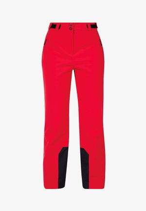 Czerwone spodnie o prostym kroju z czarnymi wzmocnieniami na wewnętrznej części dolnych nóg, zamkiem błyskawicznym w bocznych kieszeniach oraz zapięciem na guzik w pasie.