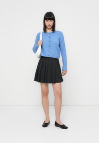 Lichtblauwe wollen cardigan met knopen, gecombineerd met een zwarte plissérok. Het model houdt een witte handtas vast; zwarte ballerina's maken de outfit compleet.