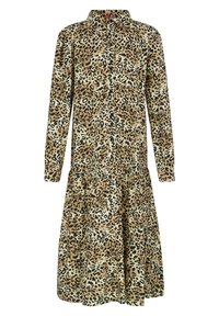 Šaty s leopardím potiskem, dlouhými rukávy, detaily s knoflíky a vrstveným designem sukně, předvádějící hnědou a béžovou paletu barev.