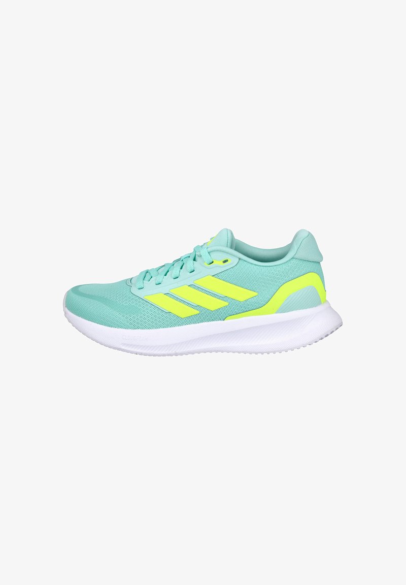 Zapatilla de correr turquesa con rayas amarillas neón, cuello acolchado, diseño de cordones y suela blanca acolchada.