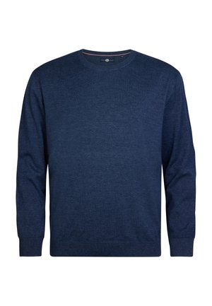 Navyblauwe trui van zacht, textuurachtig stof. Heeft lange mouwen, een ronde hals en geribbelde manchetten en zoom. Eenvoudig, tijdloos ontwerp.