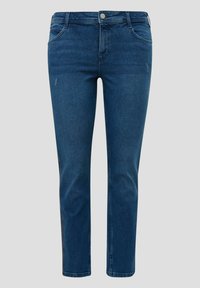 Jeans de mezclilla azul oscuro con corte recto, bolsillos frontales y cremallera. Presentan un ligero desvanecimiento y detalles de costura.