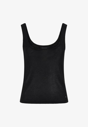 Čierny tielko s okrúhlym výstrihom, vyrobené z ľahkej látky. Obsahuje logo na prednej strane a priliehavý strih. Textúrované detaily na okrajoch.