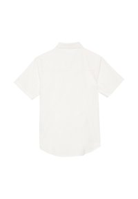 Biała koszula z krótkim rękawem z klasycznym kołnierzykiem, gładkim materiałem i prostym dołem. Posiada subtelny szew na plecach dla nadania struktury.