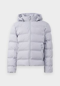 Light gray puffer jacket with a hood, vertical quilting, front zipper, and side pockets. Smooth texture and minimalist design.