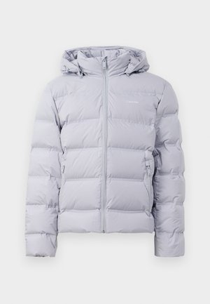 Lichtgrijze gewatteerde jas met een capuchon, verticale quilt, voorzijde met rits en zijzakken. Effen textuur en minimalistisch ontwerp.