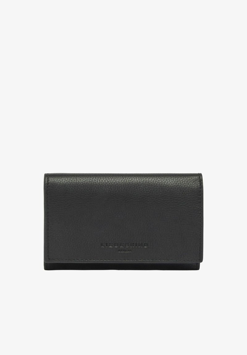 Portefeuille en cuir noir texturé avec fermeture à rabat et le nom de la marque "LIEBESKIND" embossé au centre avant.