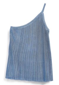 Top blu asimmetrico con una spallina singola, caratterizzato da una texture a righe verticali e un design fluido. Materiale morbido con leggero luccichio.