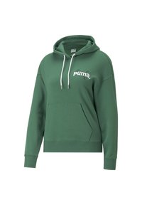 Zielona bawełniana bluza z kapturem, z przednią kieszenią i białymi sznurkami. Na klatce piersiowej widoczna jest wyraźna biała logo Pumy.