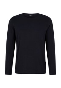 Langärmliges Hemd aus Baumwolle in einfarbig marineblau. Mit Rundhalsausschnitt und gerader Passform, versehen mit einem Etikett an der unteren Seite.