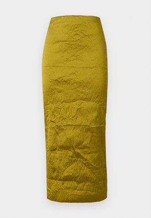 Oliven grøn blyantskirt med en tekstureret, krøllet stof. Lige snit og mellemlang design. Søm detaljer synlige langs silhuetten.