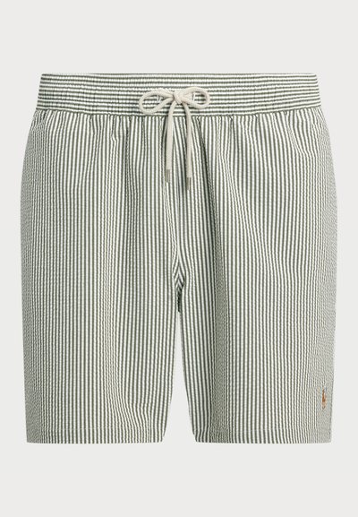 Pantaloni scurți de înot cu dungi verzi și albe, cu un talie elastică, un sistem de închidere cu șnur și un mic logo pe partea dreaptă jos.