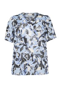 Blouse fleurie en bleu clair, noir et blanc avec des manches courtes, un décolleté en V et un tissu texturé présentant un motif de feuilles.