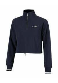 Chaqueta corta de marina con cuello alto, parte delantera con media cremallera, puños elásticos y un logo blanco en el pecho. Hecha de material ligero.