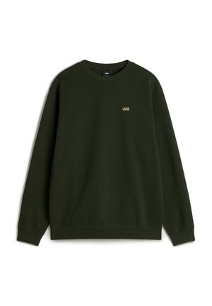 Donkergroen sweatshirt van zachte stof, met een klassieke ronde hals, lange mouwen en een klein geel Vans-logo op de borst.