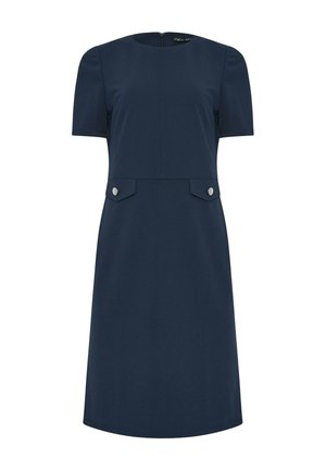 Navy blue short-sleeve knee-length dress with round neckline and two front flap pockets with silver buttons.