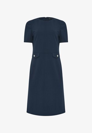Navy blue short-sleeve knee-length dress with round neckline and two front flap pockets with silver buttons.