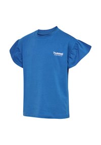 Blå kortärmad t-shirt med volanger på ärmarna. Tillverkad i bomull, har en vit logotyp framtill. Regular fit, rundad halsringning.