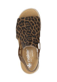 Leopard print sandal with a wide strap design, brown and black colors, cushioned insole, and a white rubber sole. Brand logo visible.