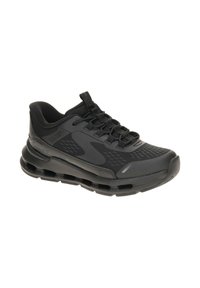 Sneaker atletica nera Skechers con tomaia in mesh, collo imbottito, chiusura con lacci e suola ammortizzata con sacche d'aria visibili.