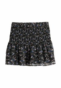 Gonna nera a fiori con vita arricciata, caratterizzata da un design a balze a più livelli, piccoli fiori multicolori e una consistenza leggera e trasparente.