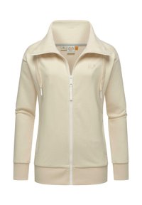 Light beige zip-up sweatshirt with a high collar, long sleeves, and ribbed cuffs. Features a subtle logo on the chest and drawstring details.