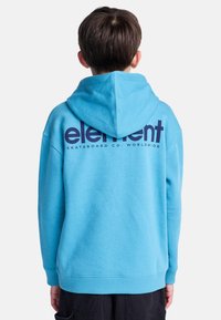 Felpa con cappuccio blu in tessuto morbido, con un grande logo "element" blu scuro e il testo "SKATEBOARD CO. WORLDWIDE" sul retro.