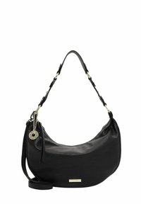 Borsa hobo in pelle nera con forma curva, hardware in tonalità oro, accentata da una catena e dotata di una tracolla staccabile. Presenta una texture liscia.