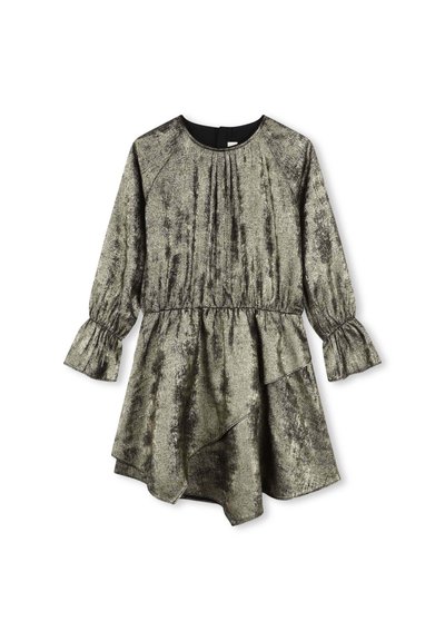 Metallisch groene jurk met lange pofmouwen, geraffineerde lijfje, flonkerende zoom en textuurstof, met een asymmetrisch ontwerp.
