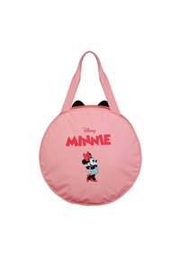 Bolso redondo rosa con dos orejas negras, que presenta un gráfico de Minnie Mouse y el texto "MINNIE" en rojo y en negrita. Hecho de material duradero.