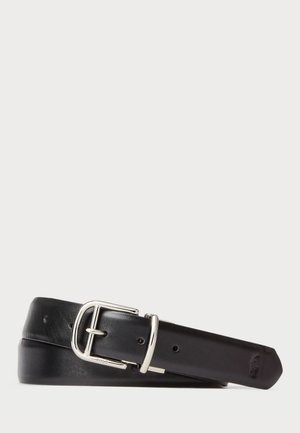 Black leather belt with a smooth texture, featuring a silver rectangular buckle and multiple adjustment holes for size fitting.