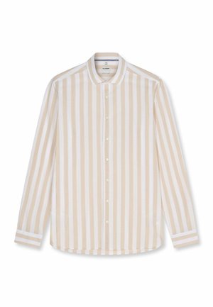 Chemise à manches longues rayée verticalement beige et blanche, avec col classique et poignets boutonnés, posée à plat sur fond blanc.