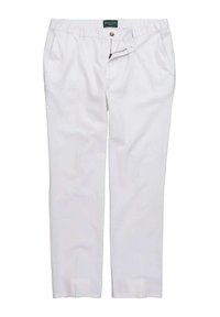 Vita, lätta byxor med platt linning, dragkedja och sidofickor. Slät textur med rak benform och minimala detaljer.