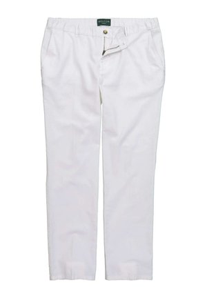 Białe, lekkie spodnie z płaskim paskiem, zsuwnym zamkiem i bocznymi kieszeniami. Gładka tekstura, prosty krój nogawki i minimalna ilość detali.