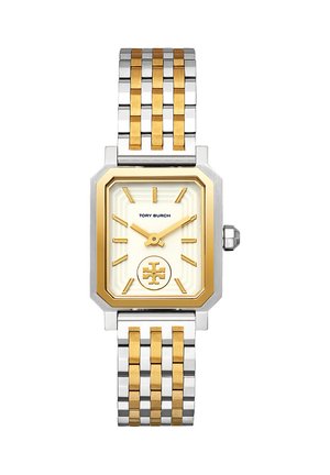 Tofarvet rustfrit stål ur med gyldne accenter, rektangulært urværk, gyldne timeindikatorer, Tory Burch-logo ved klokken seks og matchende armbåndsrem.