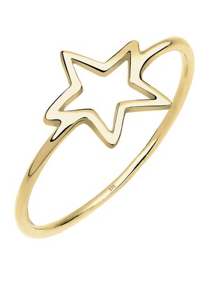 Guldtonet ring med et stjernedesign og en åben kant. Glat ring med en poleret overflade, markeret med "375" for guldindhold.