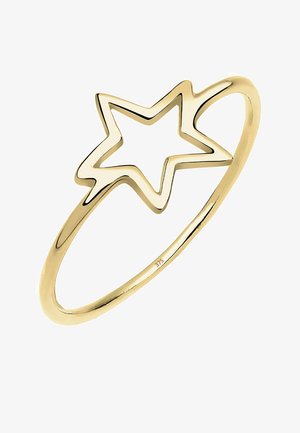 Goldfarbener Ring mit einem sternförmigen Design und offener Kontur. Glatter Ring mit polierter Oberfläche, gekennzeichnet mit "375" für den Goldgehalt.