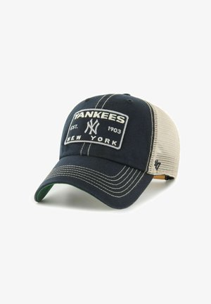 Marineblaues und beiges Baseball-Cap aus Netzstoff mit den Stickereien "Yankees", "Est. 1903" und "New York" auf dem vorderen Aufnäher.