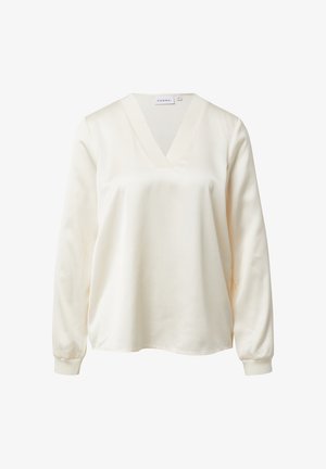 Kremowy, długotrwały top z dekoltem w serek. Gładka tekstura, luźny krój i elastyczne mankiety. Minimalistyczny design bez wzorów i ozdób.