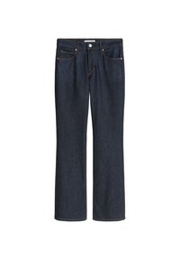 Dunkelblaue Denim-Jeans mit geradem Bein, fünf Taschen, Kupferbeschlägen und tonal abgestimmtem Nähen. Glatte Textur und klassischer Schnitt.